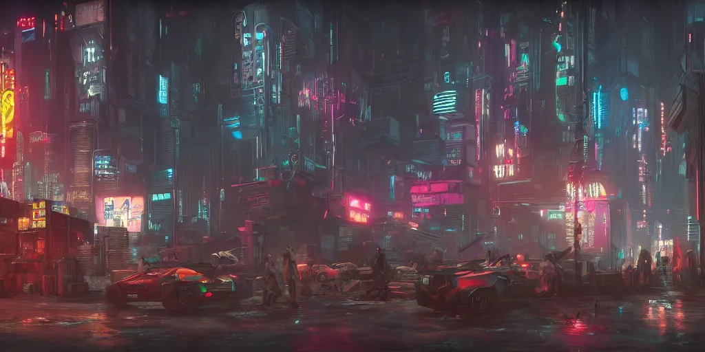 Prompt: matte painting environment design of dystopian cyberpunk city with neon lights, people on the streets being monitored by drones, trending on artstation, painted by dreadjim, eddie mendoza, james paick, zeen chin, 4k, octane render