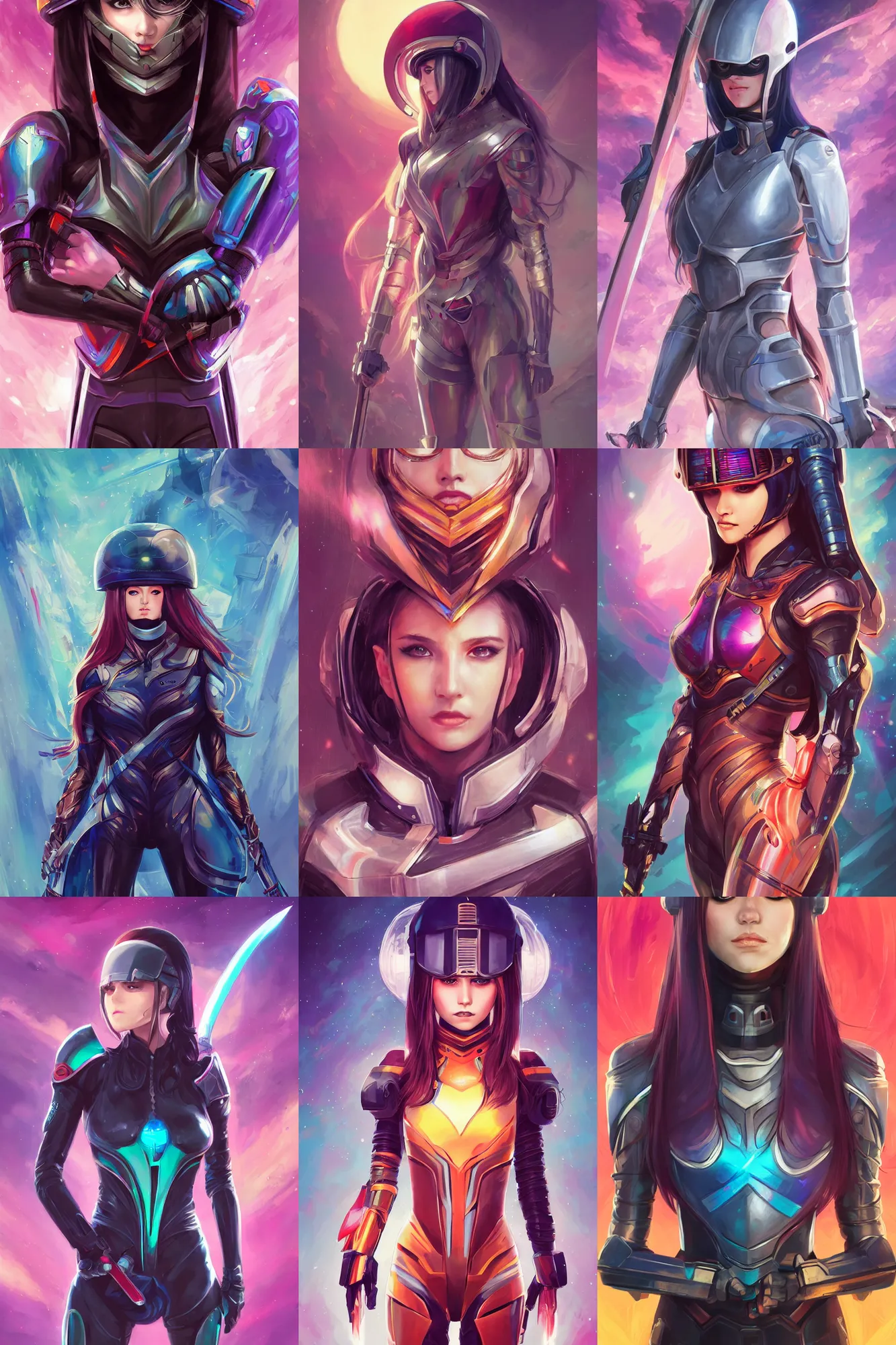 Prompt: portrait poster art of woman in full sci - fi body suit holding a sword and a helmet, long straight hair, colourful, pretty face, symmetrical face, android eyes, anime style by rossdraws, artgerm and greg rutkowski, 4 k, graphic design, adobe illustrator, behance, trending on pixiv