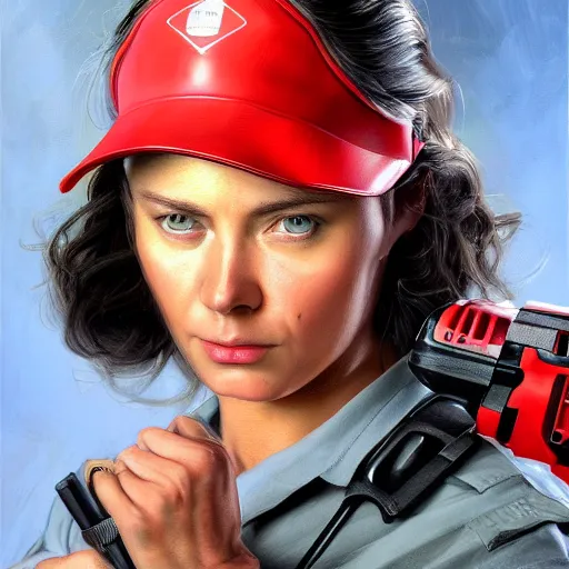 Image similar to epic portrait a slightly muscular woman wearing short sleeved uniform and carrying a red power tool drill, detailed, centered, digital painting, artstation, concept art, donato giancola, Joseph Christian Leyendecker, WLOP, Boris Vallejo, Breathtaking, 8k resolution, extremely detailed, beautiful, establishing shot, artistic, hyperrealistic, beautiful face, octane render