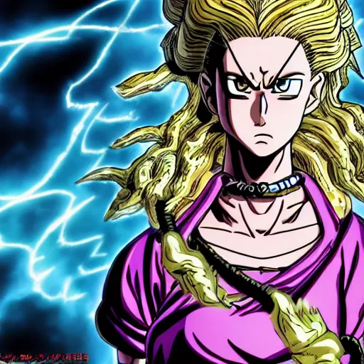 Image similar to a modern age goddess of death in the style of akira toriyama in the style of Hirohiko Araki detailed realistic High Resolution HD 8k