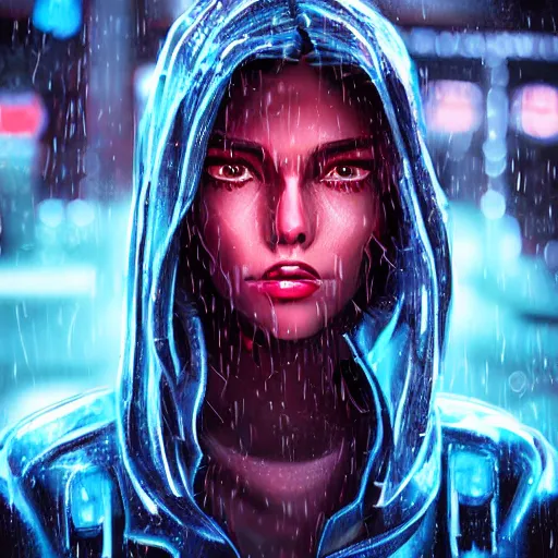 Image similar to stylish cartoon portrait made out of rain, cyberpunk background, rendered in octane, unreal engine, highly detailed, trending on artstation, realistic, splashes of neon, beautiful, handsome, depth of field, glowing eyes