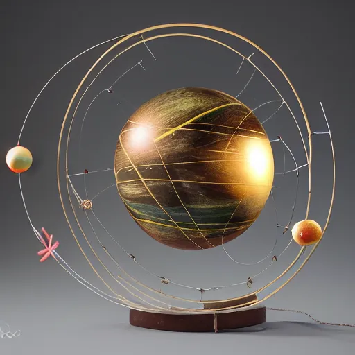 Prompt: a kinetic sculpture of this solar system, sun, orrery, canon 5 d 5 0 mm lens, papier - mache, studio, circa 2 0 8 8