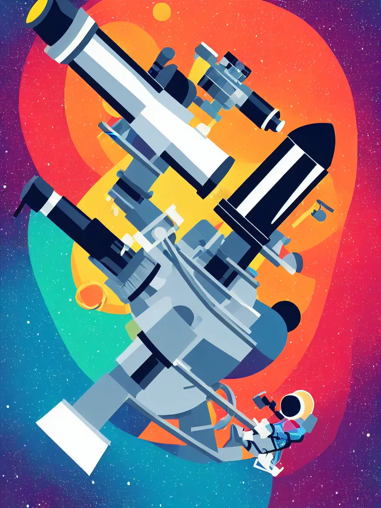 Prompt: editorial illustration scientific lab test tube telescope microscope astronaut spaceship, colorful modern, mads berg