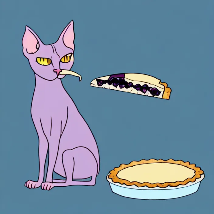 Image similar to an anthropomorphic sphynx cat eating blueberry pie, deviantart, furry, low quality, ms paint