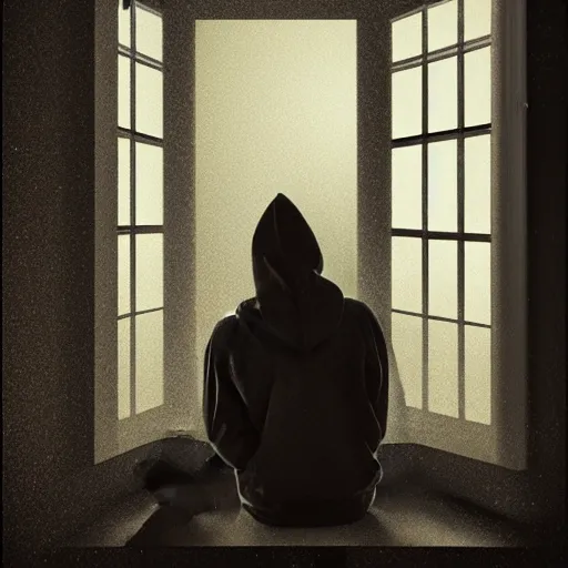 Prompt: a young man in a hoodie looking through the window, dramatic lighting, cinematic scene, matte painting