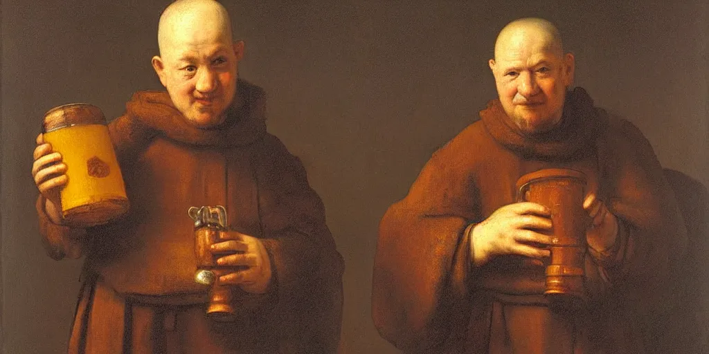 Prompt: happy trappist monk holding tremendous beer stein, portrait, by rembrandt