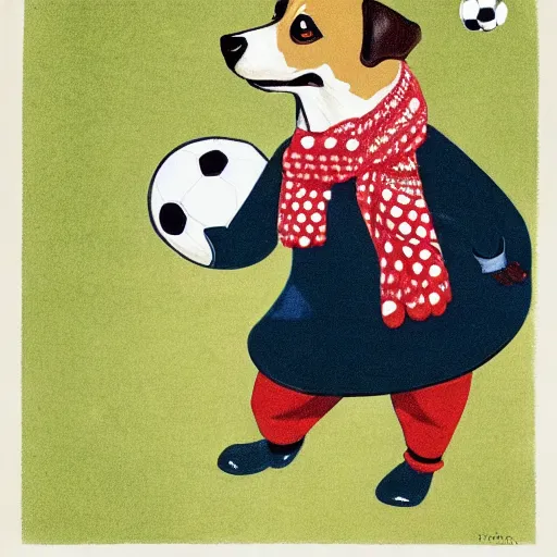 Image similar to book illustration of a french boy on the streets of paris playing football against a corgi, the dog is wearing a polka dot scarf, 1 9 6 6