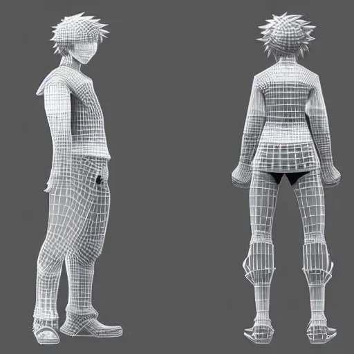 Image similar to 3 d modelling reference of an anime video game character. free download for artists. front, back and side view.