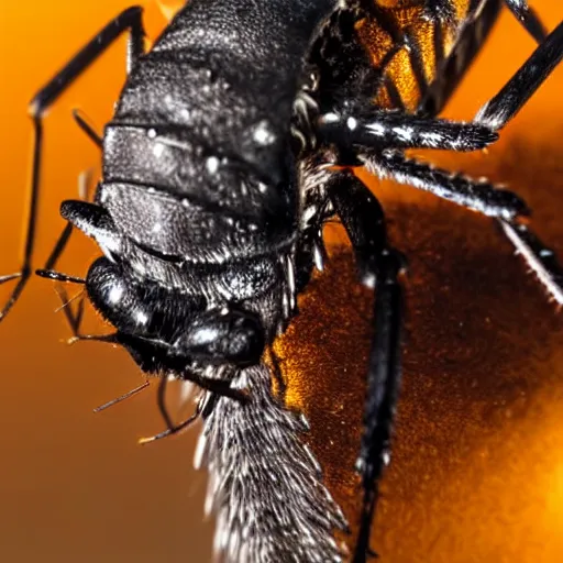 Prompt: close up of a mosquito trapped in amber