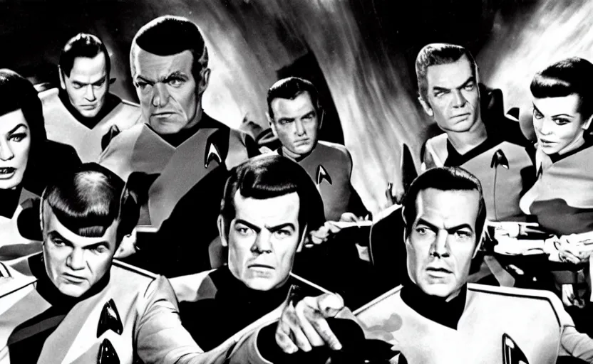 Image similar to a dramatic still from an episode of star trek. all characters are played by jack nicholson.