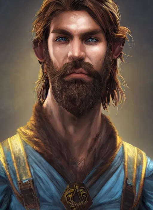 Image similar to A fantasy comic book style portrait painting of an arrogant half elf ranger, shaggy brown hair, scruffy beard, scar on face, blue tunic, unreal 5, DAZ, hyperrealistic, octane render, cosplay, RPG portrait, dynamic lighting