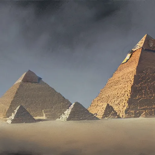 Image similar to the aliens building the pyramids, mysterious, ominous, eerie, craig mullins