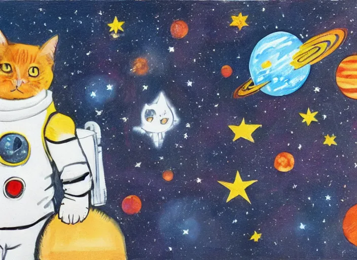 Prompt: painting of a cat dressed as an astronaut, cute, calico, stars, galaxies, planets, moons, stuido ghibli, kotaro mori