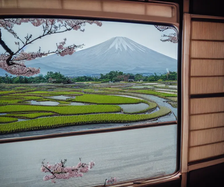 Image similar to a photo of mount fuji, japanese ladscapes, rice paddies, sakura trees, seen from a window of a train. cinematic lighting.