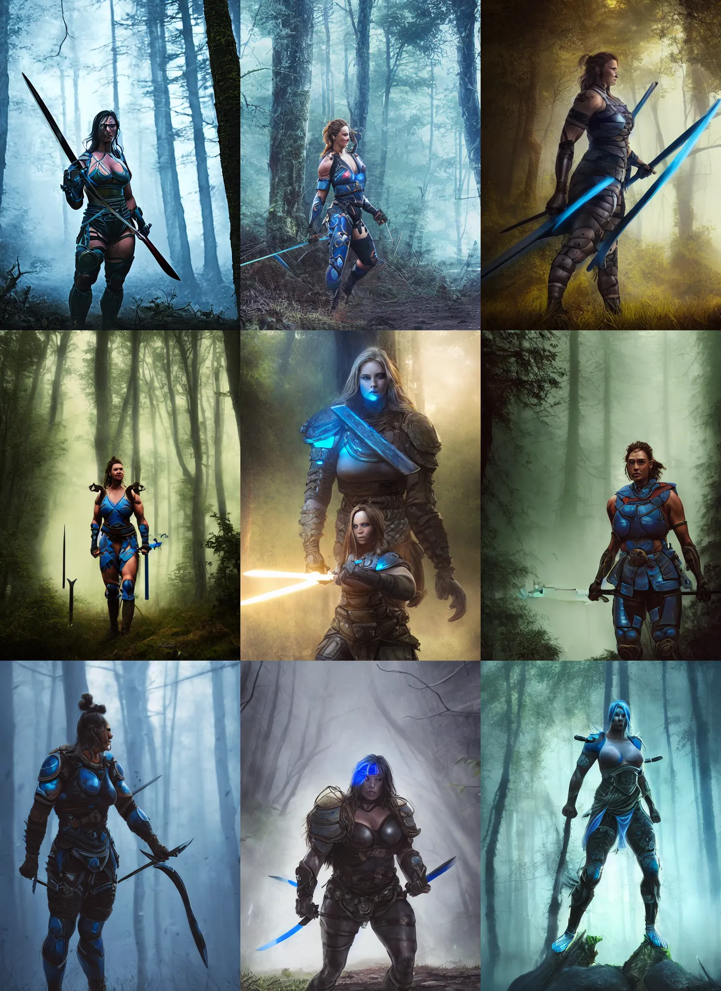 Prompt: big muscular female warrior with glowing blue eyes wielding two swords apex legends armor, forest plains of yorkshire, misty forest, marvel cinematic universe concept art, good value control, digital painting, sharp focus, rule of thirds, 4k, centered, magic hour photography, atmospheric, moody colors