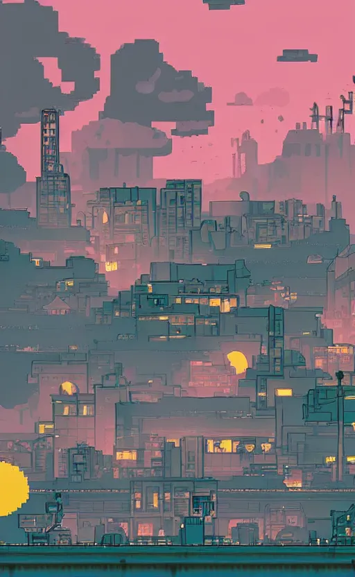Prompt: 2D post-industrial city with moonlit clouds, 8 bits graphics, flat, SNES game, crushed quality, low contrast, low light, color gradient, low saturation, heavy color compression filter, melting reality