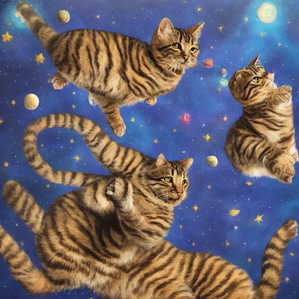 Prompt: an oil painting of a tabby cat floating in outer space