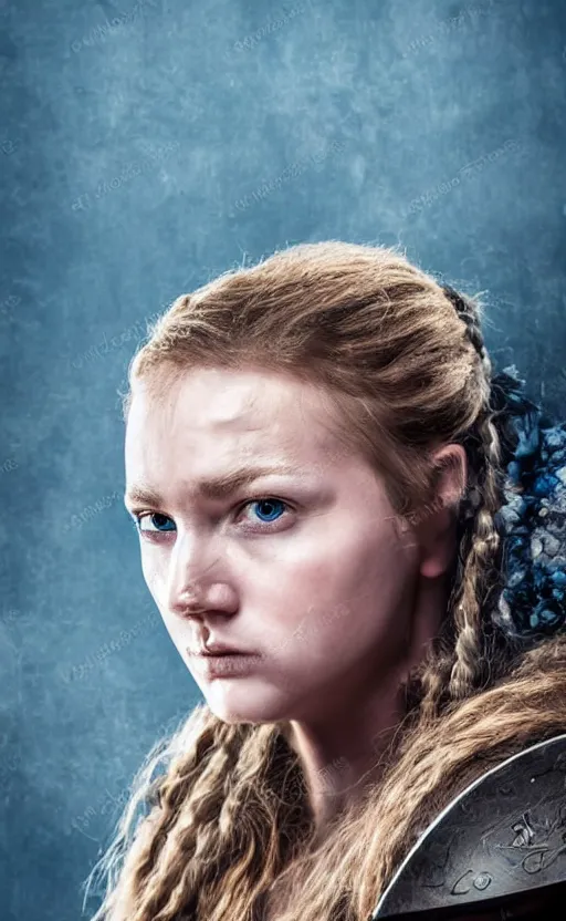 Prompt: photorealistic head and shoulders portrait of female viking warrior with large sad blue eyes, damaged, cinematic, anamorphic