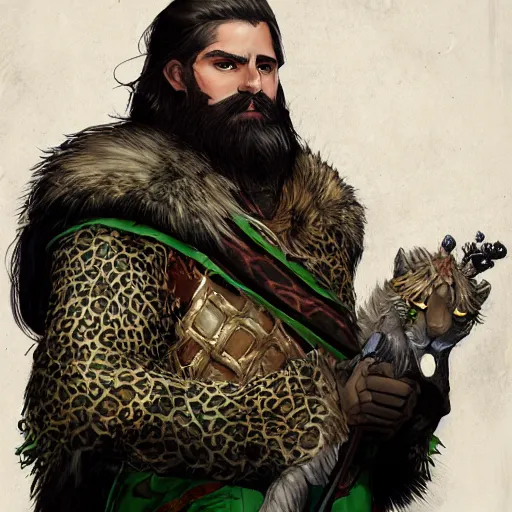 Prompt: A portrait of a king with a trimmed beard, dual wielding swords, wearing green dragon scale armor and a cheetah pelt cloak, fantasy, artstation