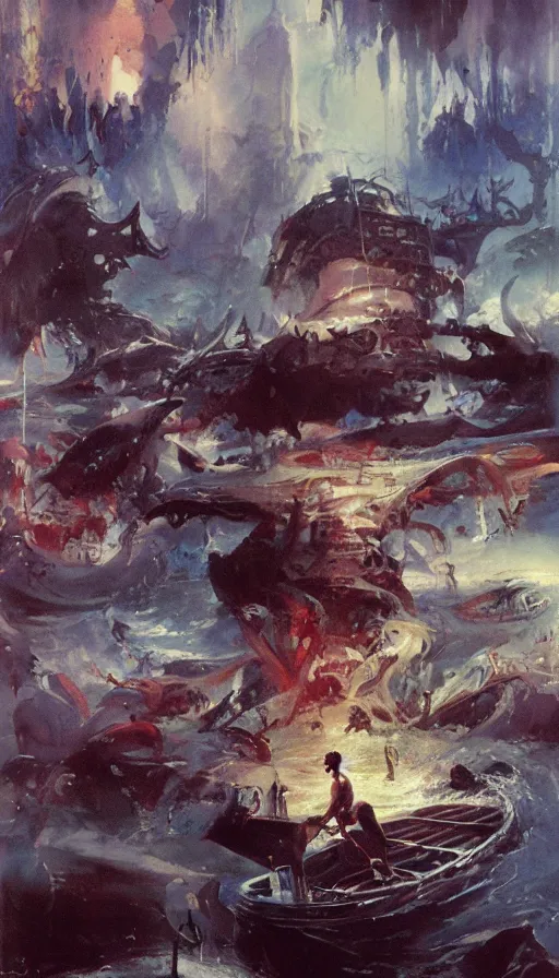 Image similar to man on boat crossing a body of water in hell with creatures in the water, sea of souls, by john berkey