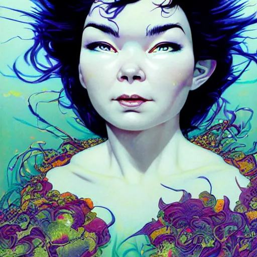 Image similar to portrait of crazy beautiful singer bjork, ymmetrical, by yoichi hatakenaka, masamune shirow, josan gonzales and dan mumford, ayami kojima, takato yamamoto, barclay shaw, karol bak, yukito kishiro