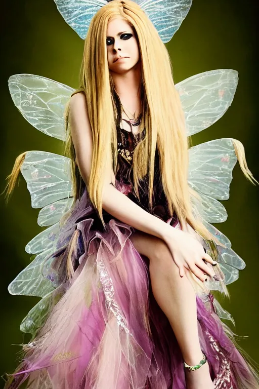 Prompt: Avril Lavigne as a fairy, full body portrait, high quality fashion photography. vogue.