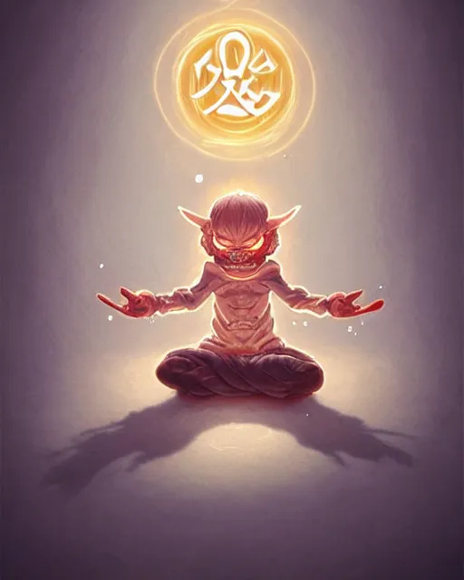 Prompt: a tiny adorable demon meditating, wrapped in sacred parchment with glowing text, smooth, intricate, elegant, digital painting, artstation, power runes, pulsing energy, concept art, sharp focus, octane render, illustration, art by shintaro kago and takato yamamoto, overwatch character,