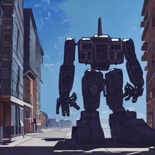 Image similar to A giant robot in the northend neighborhood at boston city in anime style highly detailed by Makoto Shinkai and Raphael Lacoste