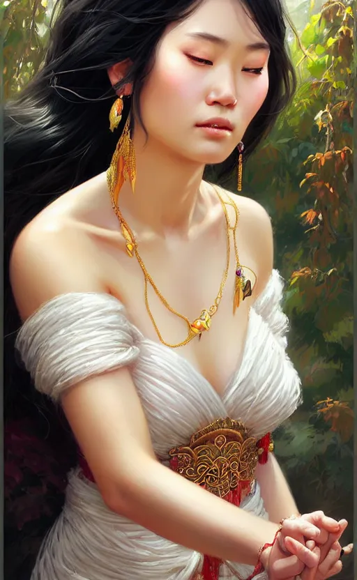 Image similar to a beautiful taiwan goddess with sundress with jewelry | | winter, realistic shaded, unpleasant face, good looking, fine details, realistic shaded lighting poster by greg rutkowski, magali villeneuve, artgerm, jeremy lipkin and michael garmash and macoto takahashi