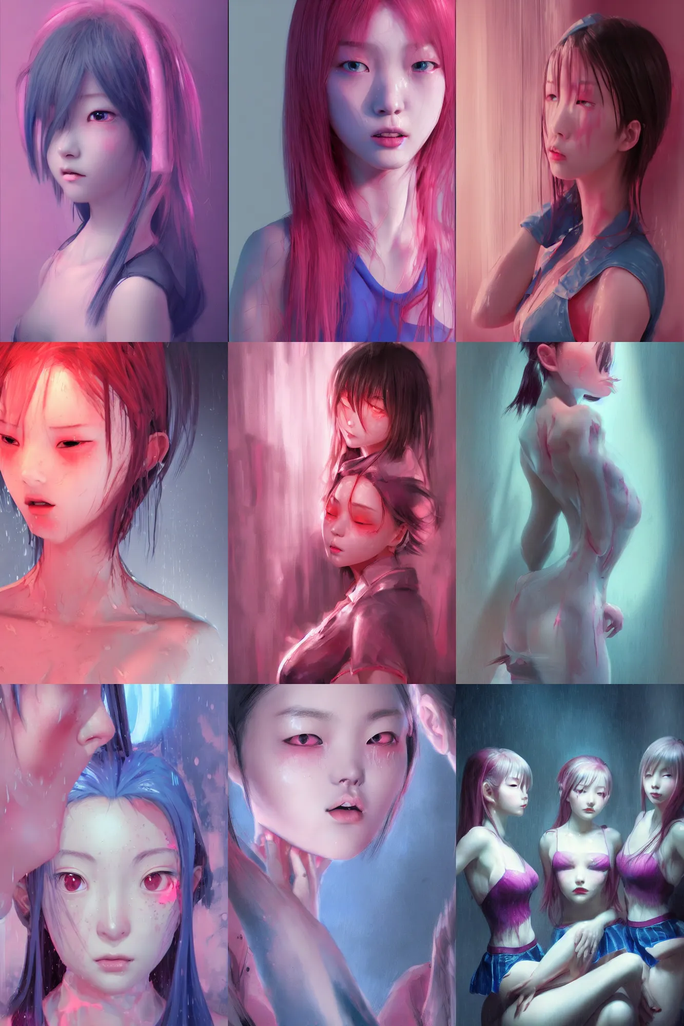 Prompt: 3d dark infrared octane render concept art by D. Jun, by Mo Xiang Tong Xiu, by Igarashi Daisuke, beauty portrait anime schoolgirls under dark pink and blue tones. cute face. wet skin. mirror elevator. dramatic light, trending on artstation, oil painting.