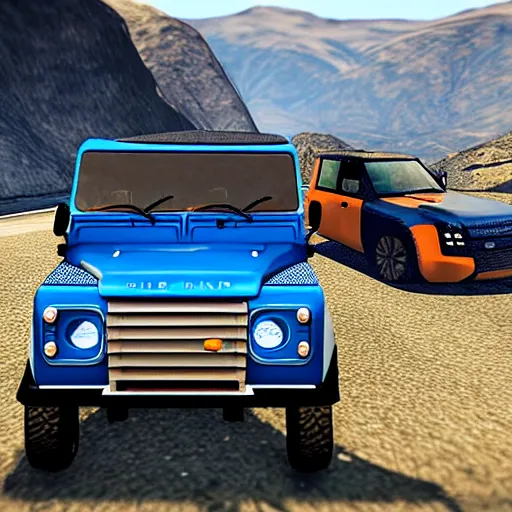 Image similar to “Blue Land Rover Defender and a man with a video camera. In the style of GTA 5.”