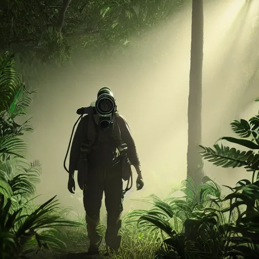 Prompt: a heavily equipped man wearing a gasmask, walking through a lush jungle, realistic octane render, ray traced, god rays, extremely high detail