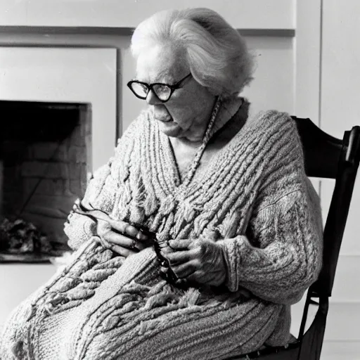 Prompt: an old woman knits a sweater made out of writhing worms in a rocking chair in front of a fireplace, horror movie still