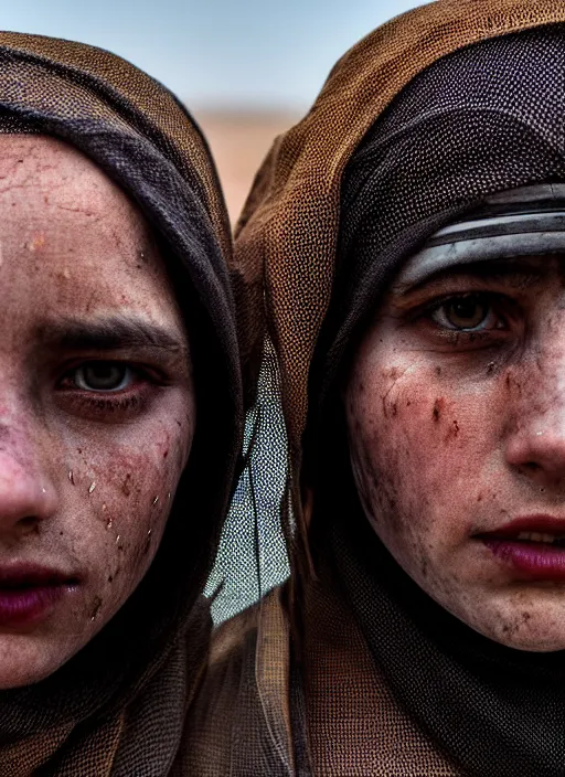 Prompt: cinestill 5 0 d candid photographic portrait by steve mccurry of two loving female androids wearing rugged black mesh techwear on a desolate plain, extreme closeup, modern cyberpunk, dust storm, 8 k, hd, high resolution, 3 5 mm, f / 3 2, ultra realistic faces, ex machina