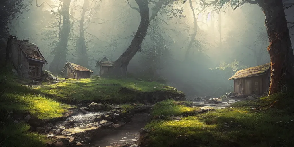 Image similar to woods on the mountain in spring with small stream and small house, warm atmosphere, ilustration, characterized by roman shipunov, etienne hebinger, atey ghailan, cgsociety, fantasy art, 2 d game art