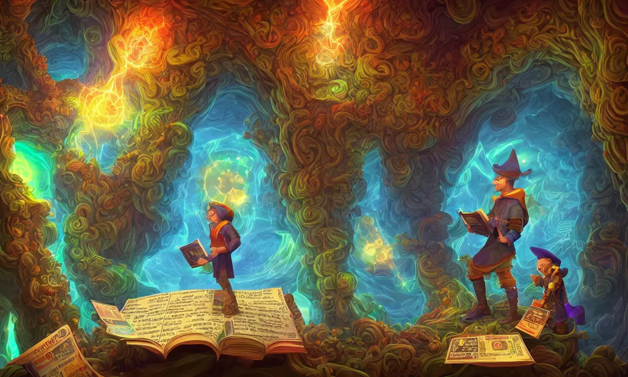 Image similar to large kerberos realm, faked ticket close up, wizard reading a directory, colorful ravine, 3 d art, digital illustration, perfect lighting