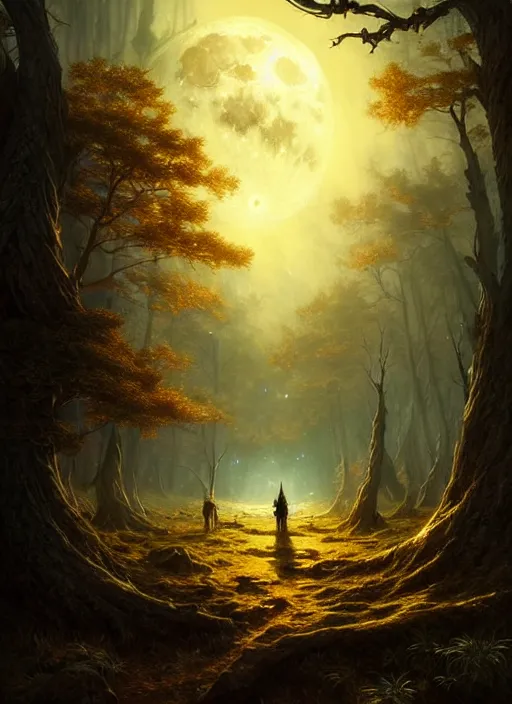 Image similar to fantasy book cover, full moon, fantasy forest landscape, golden elements, fantasy magic, dark light night, intricate, elegant, sharp focus, illustration, highly detailed, digital painting, concept art, matte, art by WLOP and Artgerm and Greg Rutkowski and Albert Bierstadt, masterpiece