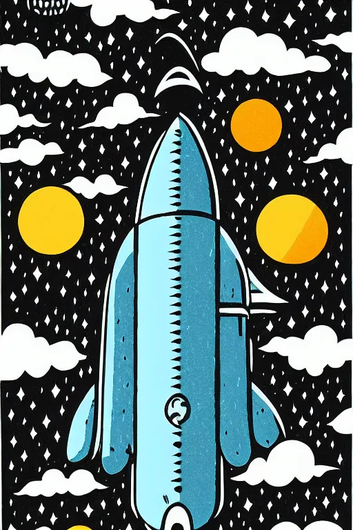 Image similar to mcbess illustration of a rocket ship , rainbow gouache