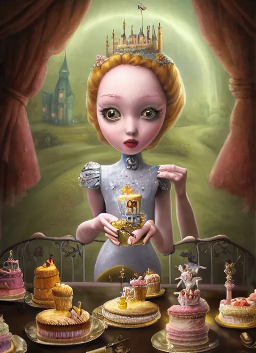 Image similar to highly detailed closeup portrait of a fairytale princess's favorite robot eating cakes in the castle, nicoletta ceccoli, mark ryden, lostfish, earl nore, hyung tae, frank frazetta, global illumination, god rays, detailed and intricate environment