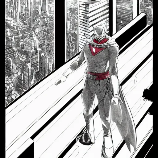 Prompt: Manga illustration of masked super hero, full body and head portrait by Tetsuo Hara. Depth of field, zoom out 35mm camera, awesome cityscape in the background, highly detailed concept art, detailed pencil art by Kengo Hanazawa