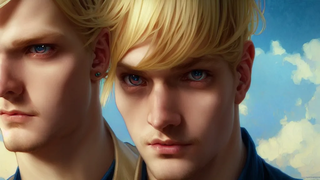 Prompt: highly detailed vfx portrait of a blond centre parting pretty boy with blue eyes by hidari, wenjun lin, alphonse mucha, sakimichan, sharp focus, art by artgerm and greg rutkowski!, backlit, harsh overhead sunlight,