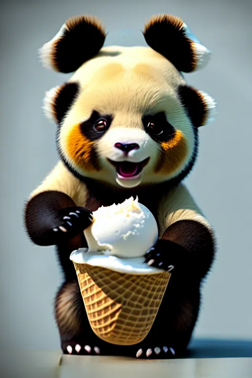 Image similar to high quality 3 d render hyperrealist very cute creepy happy panda & tortoise hybrid eating ice cream, vray smooth, in the style of detective pikachu, very dramatic light, low angle, uhd 8 k, shallow depth or field