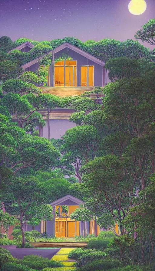 Image similar to a beautiful very detailed painting of nature home exterior by ludwig mies van der rohe, architecture island at dusk at night tron synthwave dramatic lightning rainforest forest landscape uv light meadow flowers thermal vision sunlight studio ghibli neon signs desert, archdaily, wallpaper, highly detailed, trending on artstation.