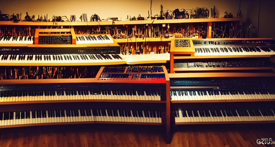 Image similar to a shelf of amazing synthesizers, cinematic lighting, detailed, beautiful colors, by greg rutowski and studio ghibli