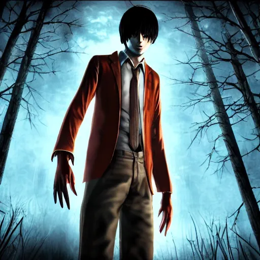 Prompt: Screenshot of Light Yagami in Dead By Daylight character selection screen