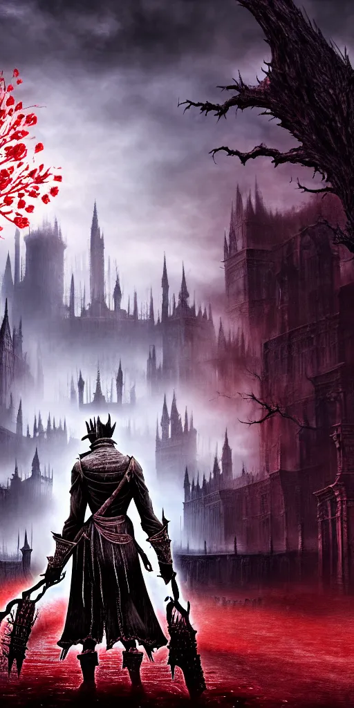 Image similar to populated bloodborne old valley with a dark person at the centre and a ruined gothic city in the background, trees and stars in the background, falling red petals, epic red - orange moonlight, perfect lightning, wallpaper illustration by niko delort and kentaro miura, 4 k, ultra realistic