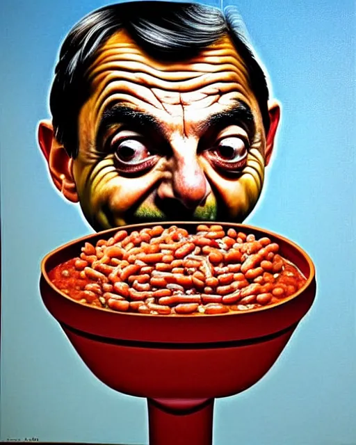 Image similar to portrait of mr bean's face in a bowl full of baked beans, face covered in beans and tomato sauce, baked beans covering his eyes, a pile of baked beans on his head, his mouth wide open and full of baked beans, overflowing with baked beans, muted colors, surrealist oil painting, highly detailed