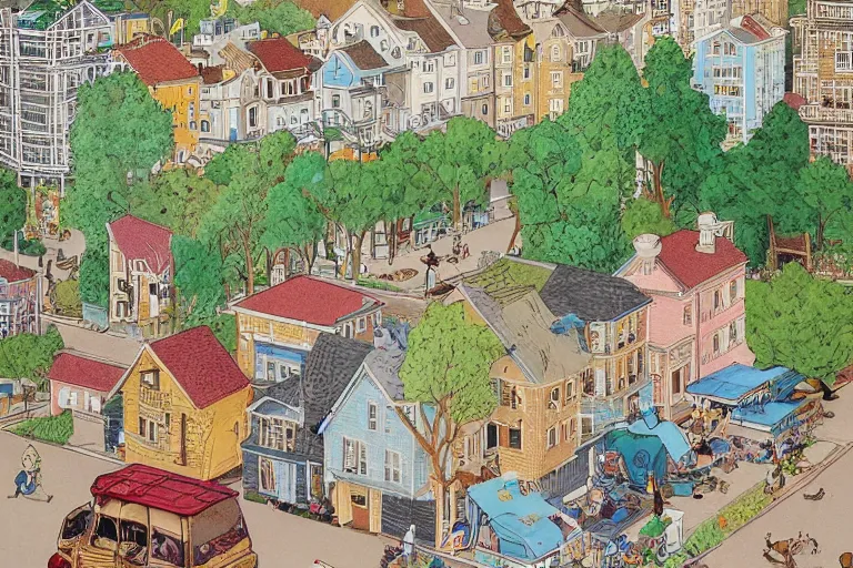 Image similar to an elaborate painting of a peaceful neighborhood, detailed, made of alcohol ink on parchment and penned illustrations, by wes anderson and geoff darrow