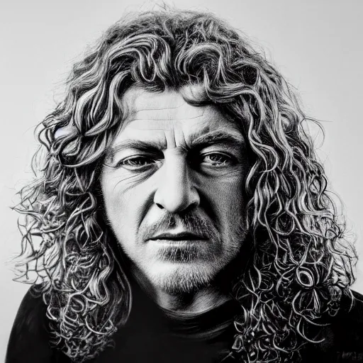 Image similar to young robert plant, realistic, hyperrealistic, ultra realistic, real, real world, highly detailed, very detailed, extremely detailed, intricate details, 8 k resolution, hd quality