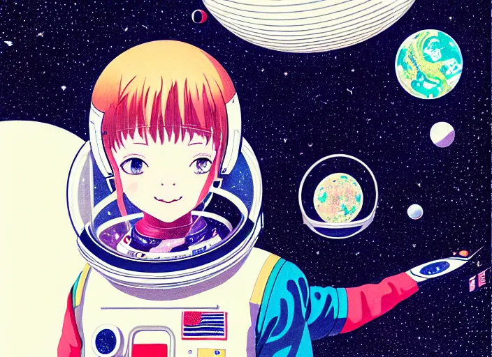 Image similar to portrait of a young astronaut girl floating inside a spacestation,ink stippling, Karolis Strautniekas,omoide emanon, tsuruta kenji, murata range,kawaii, kyoto animation, manga, intricate, detailed, studio lighting, gradation,editorial illustration, matte print, Ilya Kuvshinov